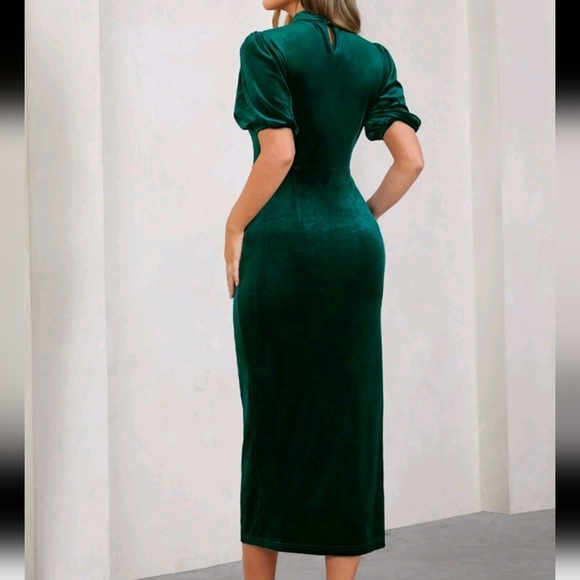 Women VelvetPuff Sleeve Stand Collar Green Short Sleeve Dress,Suitable For Party - Picture 2 of 4